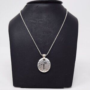 T Initial Letter Pendant Necklace Hammered Disc Ball Chain Silvertone Choker